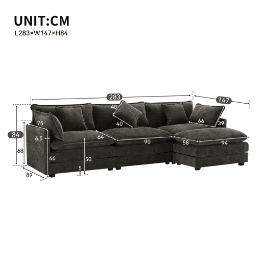 Sofá de canto de 3 lugares em chenille com apoio modular para os pés - Cinzento