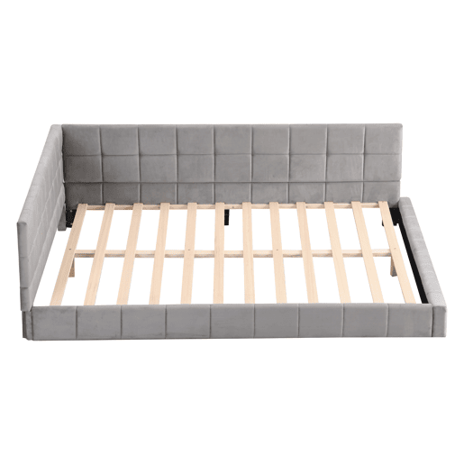 Cama para adultos 140x200cm em veludo com estrado de ripas e grade de ripas - Cinzento