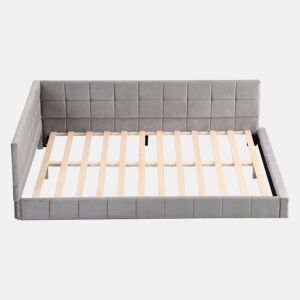 Cama para adultos 140x200cm em veludo com estrado de ripas e grade de ripas - Cinzento