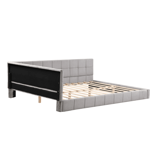 Cama para adultos 140x200cm em veludo com estrado de ripas e grade de ripas - Cinzento