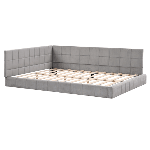 Cama para adultos 140x200cm em veludo com estrado de ripas e grade de ripas - Cinzento
