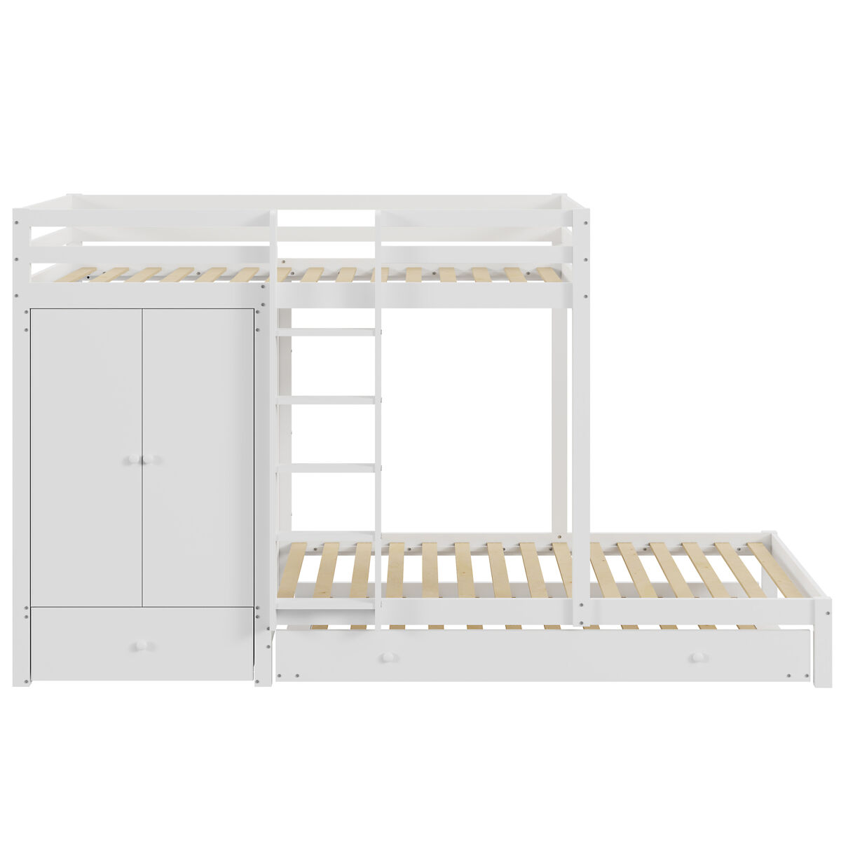 Litera combinada 2x90x200 cm + cama nido 90x190 cm - con 1 armario, 2 cajones y estantes - blanco