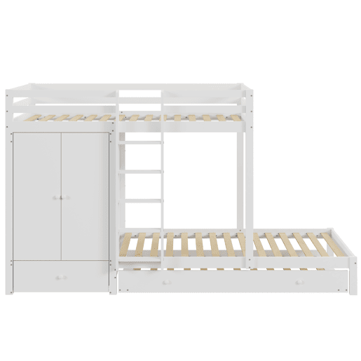 Combinação de beliche 2x90x200 cm + cama de rodízio 90x190 cm - com 1 roupeiro, 2 gavetas e prateleiras - Branco Combinação de beliche 2x90x200 cm + cama de rodízio 90x190 cm - com 1 roupeiro, 2 gavetas e prateleiras - Branco