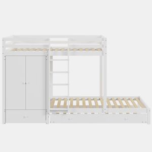 Combinação de beliche 2x90x200 cm + cama de rodízio 90x190 cm - com 1 roupeiro, 2 gavetas e prateleiras - Branco