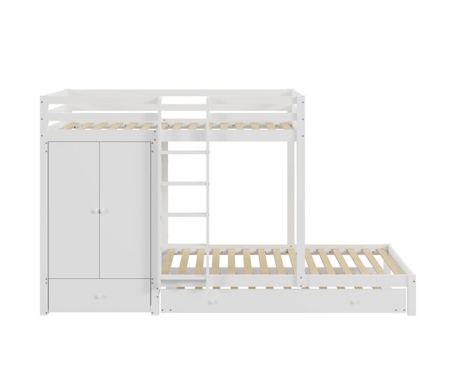 Litera combinada 2x90x200 cm + cama nido 90x190 cm - con 1 armario, 2 cajones y estantes - blanco