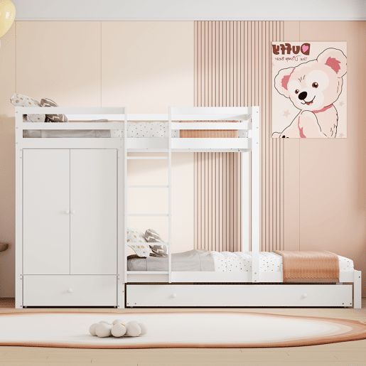 Combinação de beliche 2x90x200 cm + cama de rodízio 90x190 cm - com 1 roupeiro, 2 gavetas e prateleiras - Branco Combinação de beliche 2x90x200 cm + cama de rodízio 90x190 cm - com 1 roupeiro, 2 gavetas e prateleiras - Branco
