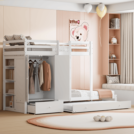 Combinação de beliche 2x90x200 cm + cama de rodízio 90x190 cm - com 1 roupeiro, 2 gavetas e prateleiras - Branco Combinação de beliche 2x90x200 cm + cama de rodízio 90x190 cm - com 1 roupeiro, 2 gavetas e prateleiras - Branco