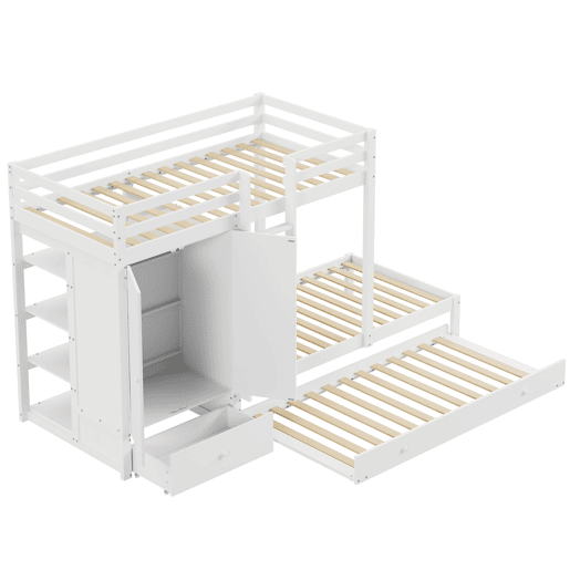 Combinação de beliche 2x90x200 cm + cama de rodízio 90x190 cm - com 1 roupeiro, 2 gavetas e prateleiras - Branco Combinação de beliche 2x90x200 cm + cama de rodízio 90x190 cm - com 1 roupeiro, 2 gavetas e prateleiras - Branco
