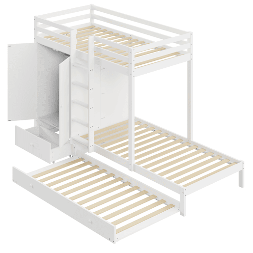 Combinação de beliche 2x90x200 cm + cama de rodízio 90x190 cm - com 1 roupeiro, 2 gavetas e prateleiras - Branco Combinação de beliche 2x90x200 cm + cama de rodízio 90x190 cm - com 1 roupeiro, 2 gavetas e prateleiras - Branco