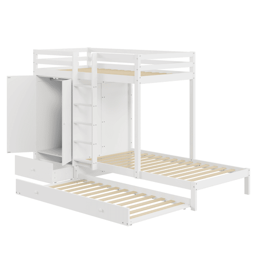 Combinação de beliche 2x90x200 cm + cama de rodízio 90x190 cm - com 1 roupeiro, 2 gavetas e prateleiras - Branco Combinação de beliche 2x90x200 cm + cama de rodízio 90x190 cm - com 1 roupeiro, 2 gavetas e prateleiras - Branco