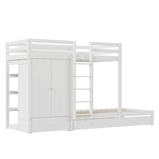Combinação de beliche 2x90x200 cm + cama de rodízio 90x190 cm - com 1 roupeiro, 2 gavetas e prateleiras - Branco Combinação de beliche 2x90x200 cm + cama de rodízio 90x190 cm - com 1 roupeiro, 2 gavetas e prateleiras - Branco