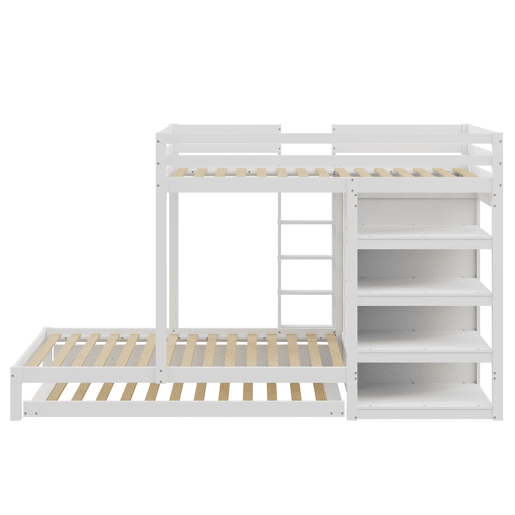 Combinação de beliche 2x90x200 cm + cama de rodízio 90x190 cm - com 1 roupeiro, 2 gavetas e prateleiras - Branco Combinação de beliche 2x90x200 cm + cama de rodízio 90x190 cm - com 1 roupeiro, 2 gavetas e prateleiras - Branco