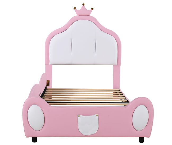 Cama infantil 90x200 cm en piel sintética - cabecero con moldura de techo - rosa