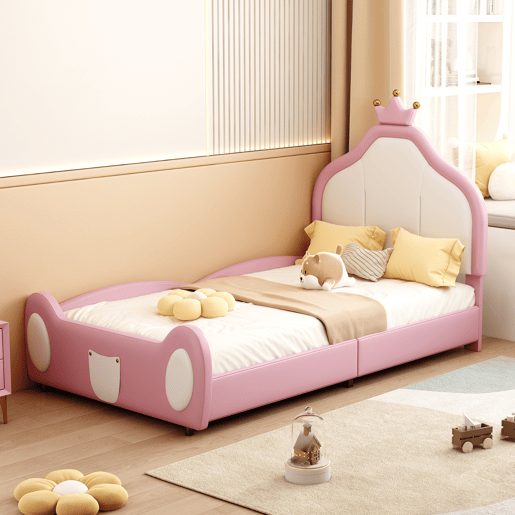 Cama de criança 90x200 cm em pele sintética - cabeceira com moldura no teto - Rosa