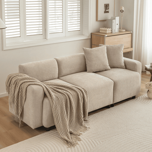 Sofá de 3 lugares em tecido Chenille com 2 almofadas - capacidade para 211 cm - Bege