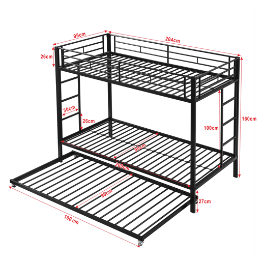 Beliche de metal 90x200 cm - com cama de rodízio 90x190 cm com rodas - Preto