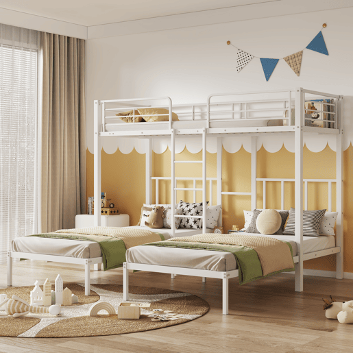 Beliche triplo 3x90x200cm com escada e tabuleiro - estrutura metálica - Branco