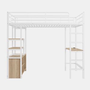 Cama loft metálica 90x200 cm - com secretária + tomadas USB + barreiras - Branco