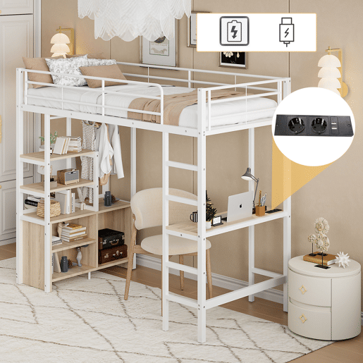 Cama loft metálica 90x200 cm - com secretária + tomadas USB + barreiras - Branco