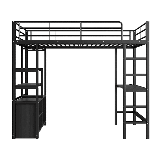 Cama loft metálica 90x200 cm - com secretária + tomadas USB + barreiras - Preto