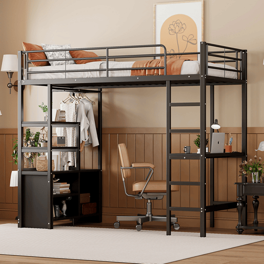 Cama loft metálica 90x200 cm - com secretária + tomadas USB + barreiras - Preto