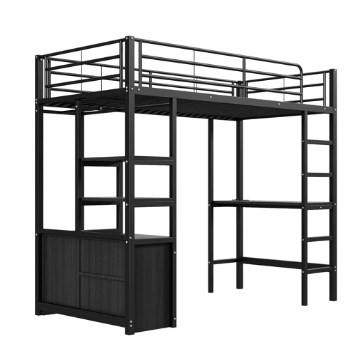 Cama loft metálica 90x200 cm - com secretária + tomadas USB + barreiras - Preto