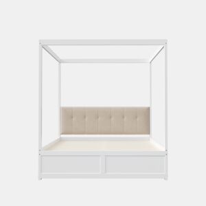 Cama de dossel de madeira 140x200cm - com cabeceira estofada e 2 gavetas - Cor branca