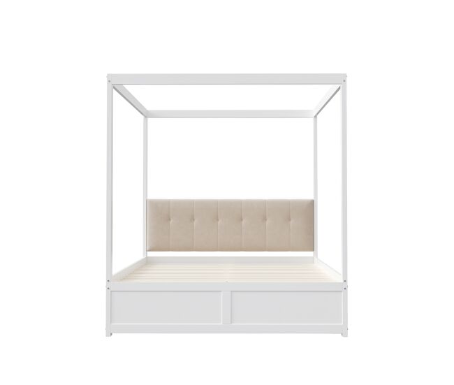 Cama con dosel de madera de 140x200cm - con cabecero tapizado y 2 cajones - color blanco