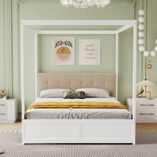 Cama de dossel de madeira 140x200cm - com cabeceira estofada e 2 gavetas - Cor branca Cama de dossel de madeira 140x200cm - com cabeceira estofada e 2 gavetas - Cor branca