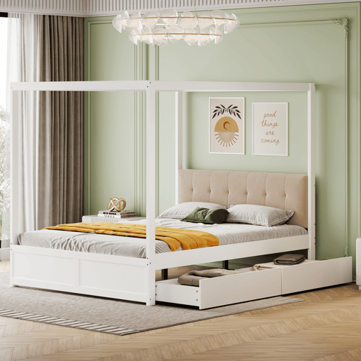 Cama de dossel de madeira 140x200cm - com cabeceira estofada e 2 gavetas - Cor branca Cama de dossel de madeira 140x200cm - com cabeceira estofada e 2 gavetas - Cor branca