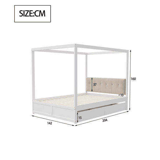 Cama de dossel de madeira 140x200cm - com cabeceira estofada e 2 gavetas - Cor branca Cama de dossel de madeira 140x200cm - com cabeceira estofada e 2 gavetas - Cor branca