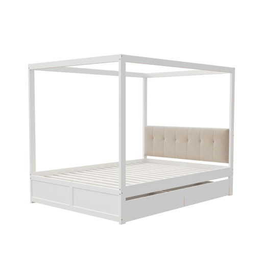 Cama de dossel de madeira 140x200cm - com cabeceira estofada e 2 gavetas - Cor branca Cama de dossel de madeira 140x200cm - com cabeceira estofada e 2 gavetas - Cor branca