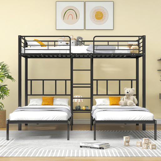 Beliche triplo 3x90x200cm com escada e tabuleiro - estrutura metálica - Preto