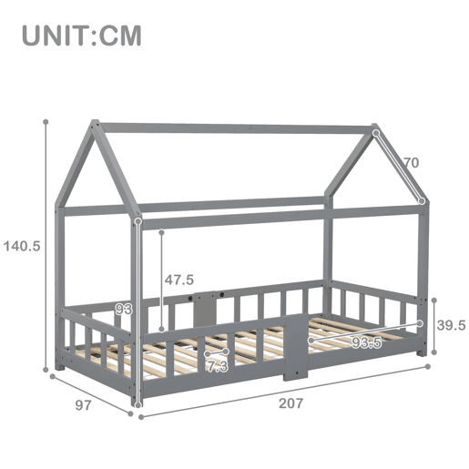 Cabine-cama 90x200 cm em madeira maciça - com ardósia - Cinzento