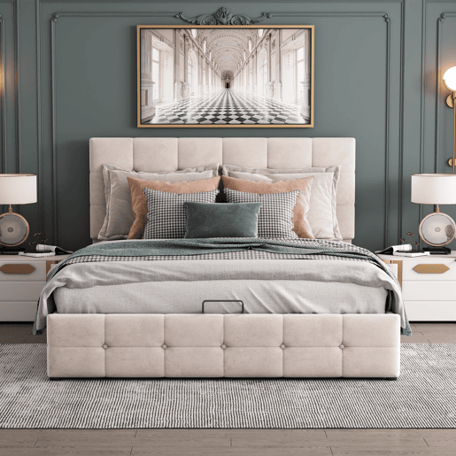 Cama estofada com arrumação - 140x200cm - tecido aveludado - cabeceira regulável com desenho de blocos - Creme