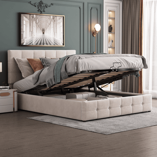 Cama estofada com arrumação - 140x200cm - tecido aveludado - cabeceira regulável com desenho de blocos - Creme