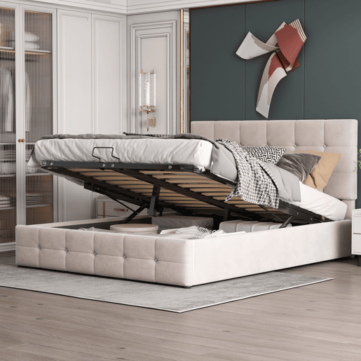 Cama estofada com arrumação - 140x200cm - tecido aveludado - cabeceira regulável com desenho de blocos - Creme