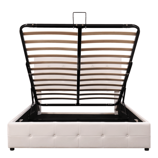 Cama estofada com arrumação - 140x200cm - tecido aveludado - cabeceira regulável com desenho de blocos - Creme