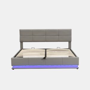 Cama contentora estofada 180x200 cm com iluminação LED - em imitação de pele - Cinzento claro