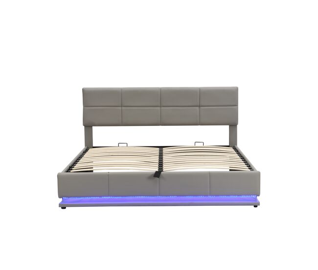 Cama contenedor tapizada 180x200 cm con iluminación led - en símil piel - gris claro