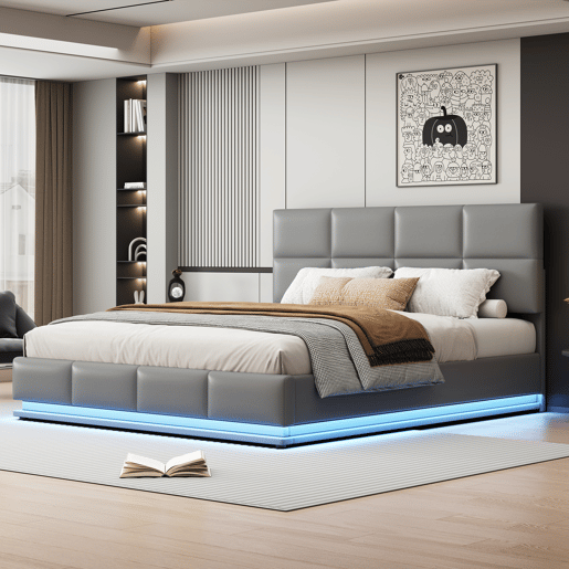 Cama contentora estofada 180x200 cm com iluminação LED - em imitação de pele - Cinzento claro