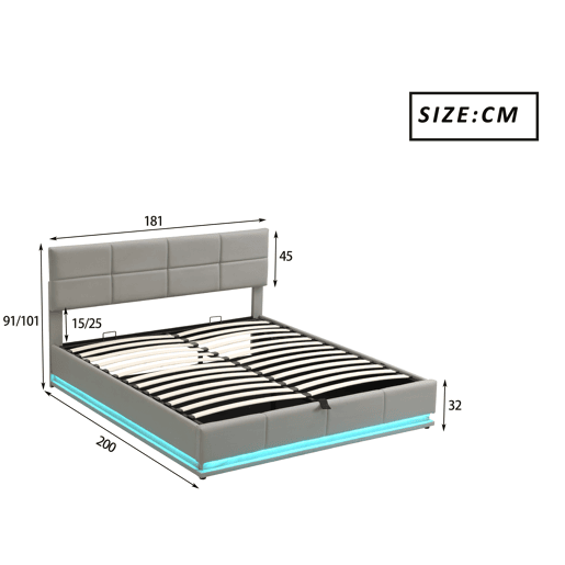 Cama contentora estofada 180x200 cm com iluminação LED - em imitação de pele - Cinzento claro