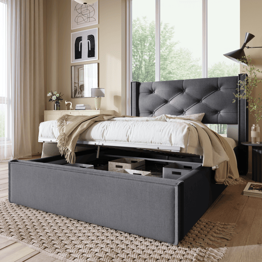 Cama contentora estofada 90x200 cm em tecido de algodão - com estrado de molas - Cinzento