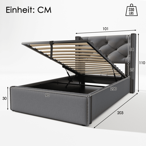 Cama contentora estofada 90x200 cm em tecido de algodão - com estrado de molas - Cinzento