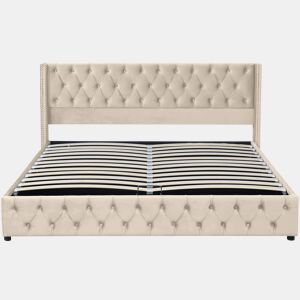 Cama contentora de veludo com estrado de ripas 180x200 cm - Bege