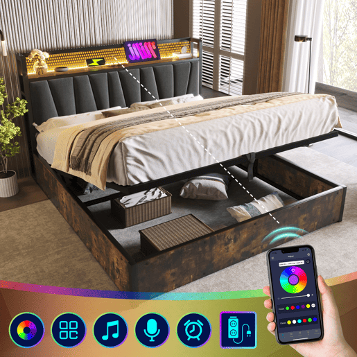 Cama para arrumação de roupa de cama 160x200 cm - com LED, portas de carregamento e estrado de ripas - Cinzento