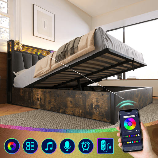 Cama para arrumação de roupa de cama 160x200 cm - com LED, portas de carregamento e estrado de ripas - Cinzento