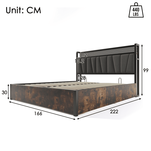 Cama para arrumação de roupa de cama 160x200 cm - com LED, portas de carregamento e estrado de ripas - Cinzento