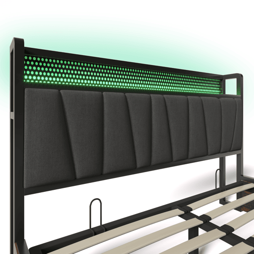Cama para arrumação de roupa de cama 160x200 cm - com LED, portas de carregamento e estrado de ripas - Cinzento