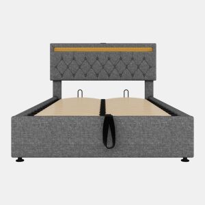 Cama contentora em tecido de linho 140x200 cm com LED - tomadas USB e C na cama - com estrado - Cinzento